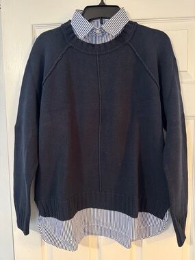 Lauren Ralph Lauren Navy Layered Crewneck Sweater with Striped Shirt Hem